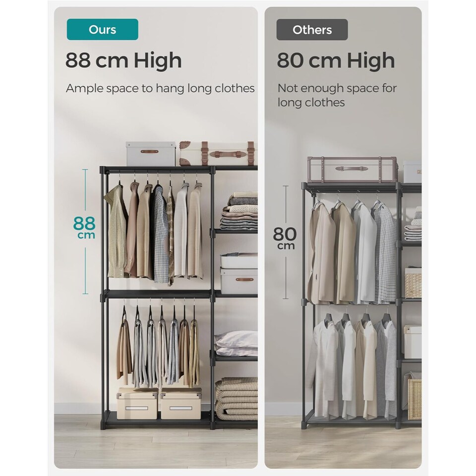 image 1 of Open Design Wardrobe with Dual Hanging Areas and Shelving Storage, Black