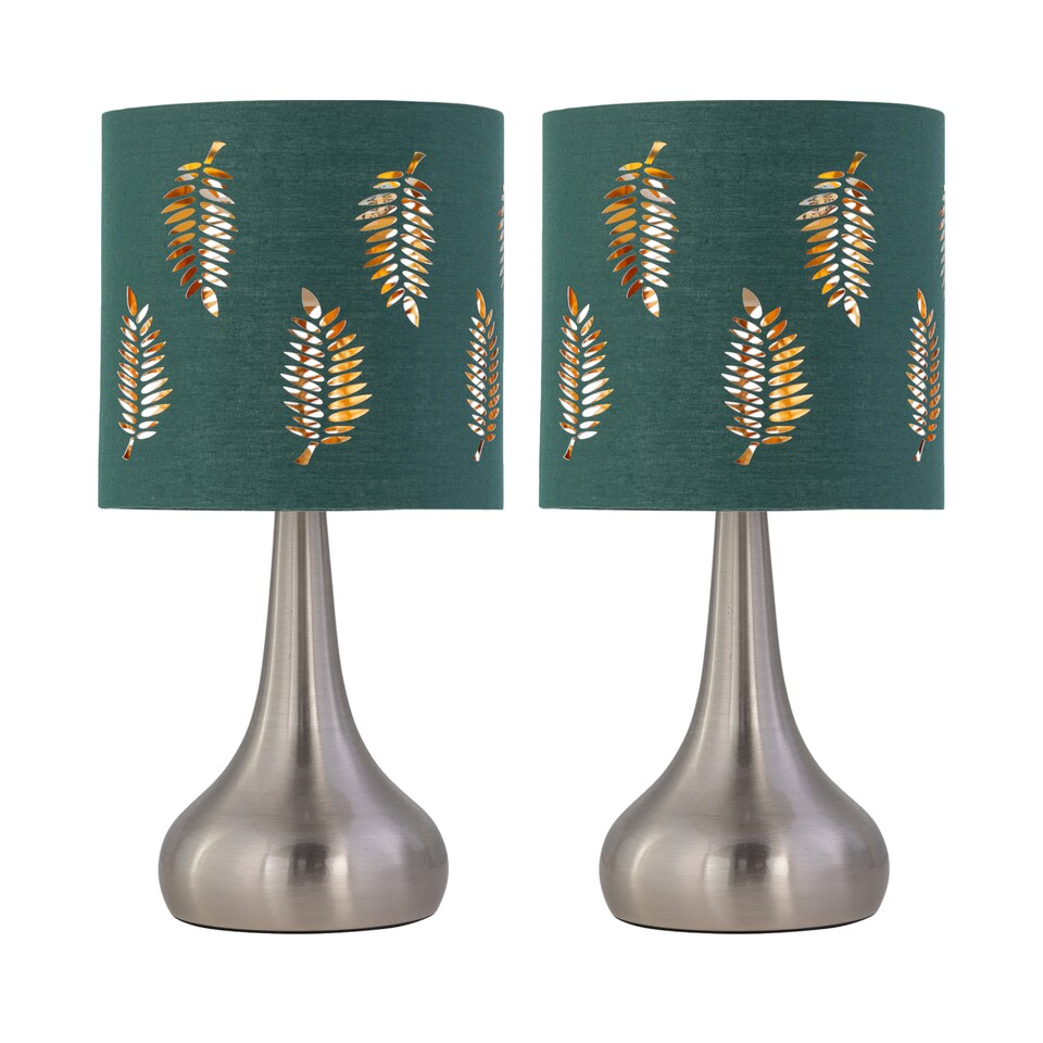 image 1 of Set of 2 Romana - Brushed Chrome Touch Table Lamps Dark Green Shades | Chrome | Satin nickel plate and dark green cotton with gold inner detail | 2