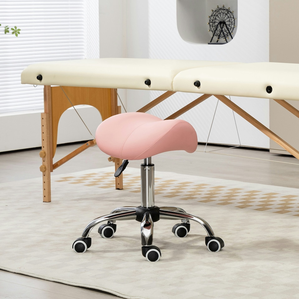 image 1 of HOMCOM PU Leather Saddle Stool w/ Moulded Padded Seat Adjustable Height Pink