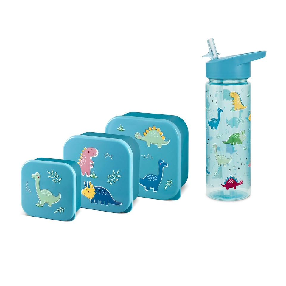 image 1 of Tiny To Tots Dinosaur Lunch Bag, 3 Pack Nested Boxes & Flip Top Straw Sipper 500ml