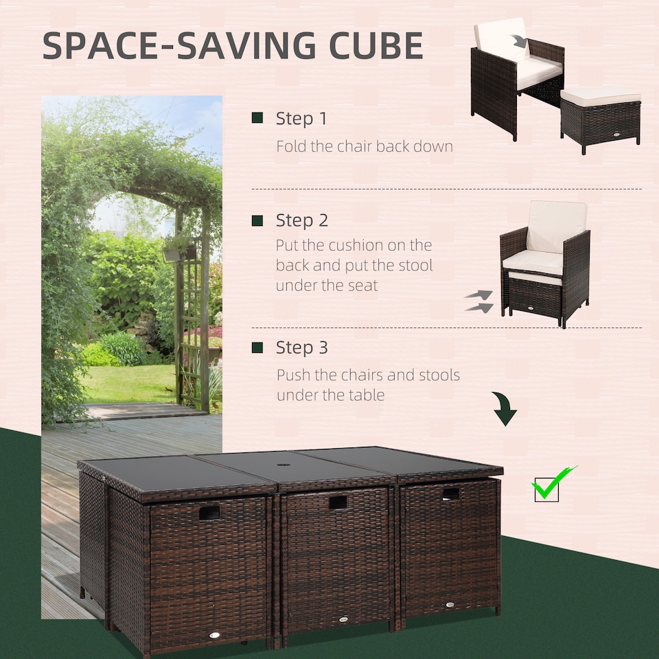 image 1 of Outsunny 10 Seater Rattan Cube Garden Furniture Set with Parasol Hole, Rattan Dining Set with Cushions, Outdoor Dining Table and Chairs with Rectangular Glass Top Table for Patio, Mixed Brown