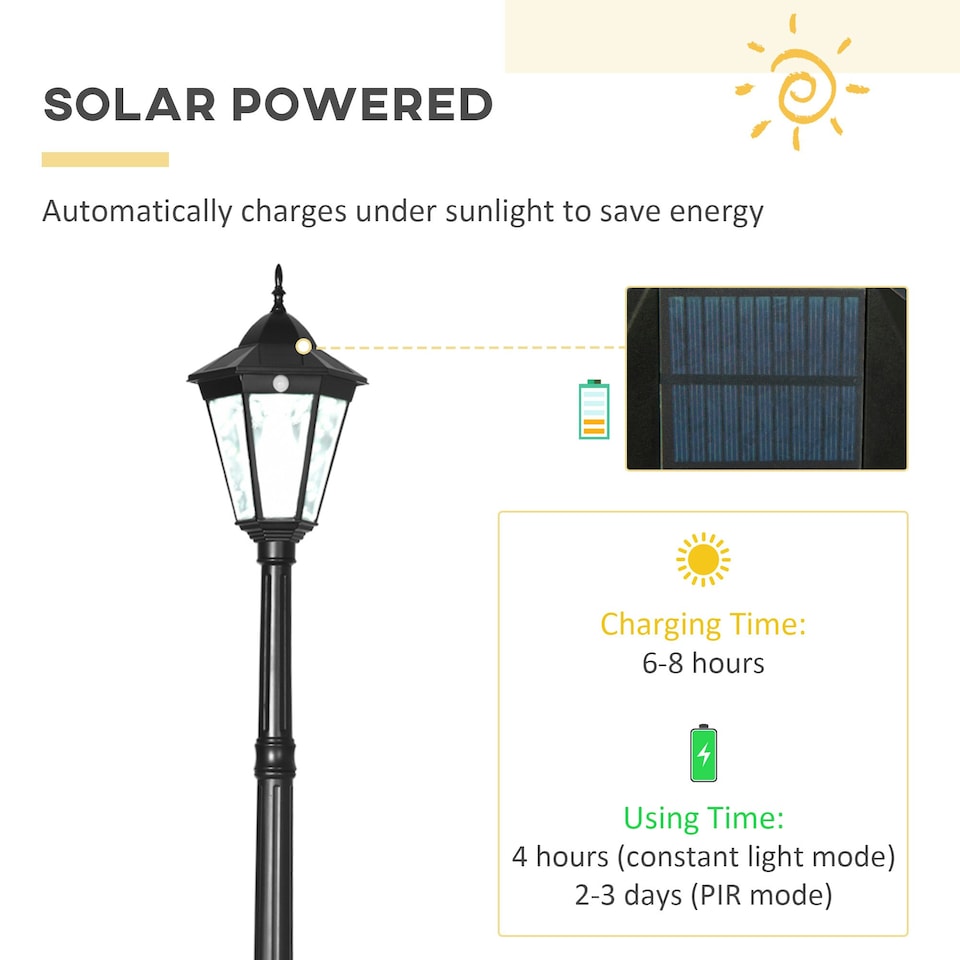 image 1 of Outsunny 2.4m Garden Lamp Post Light LED Solar Powered Patio Path Lighting Lamp