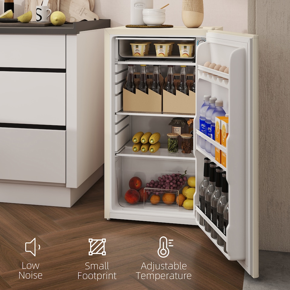 image 1 of HOMCOM Under Counter Fridge, 91L Small Fridge with Chiller Box, Removable Shelf, Reversible Door, Adjustable Legs, Mini Refrigerator, Beige