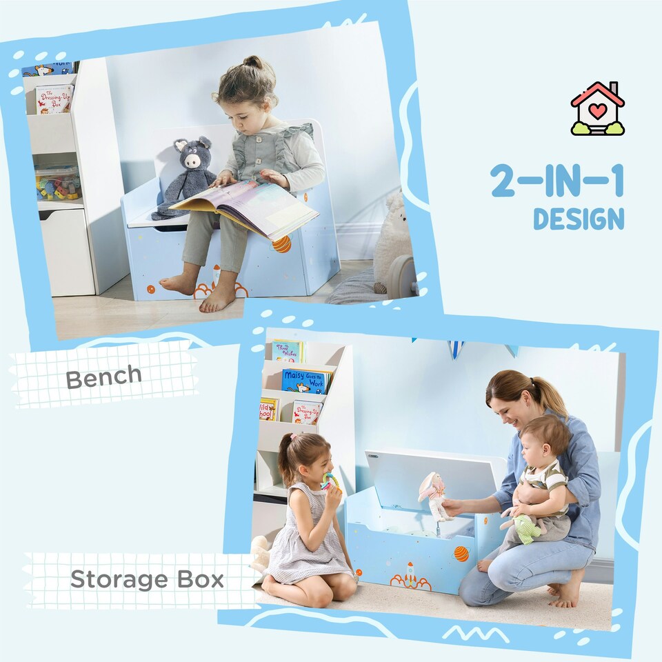 image 1 of ZONEKIZ 2 In 1 Wooden Kids Storage Bench, Toy Box w/ Safety Rod - Blue