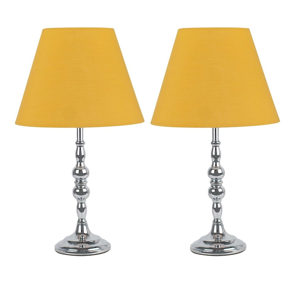 image 1 of Set of 2 Chrome Table Lamps with Decorative Stem and Ochre Shades Chrome | Red