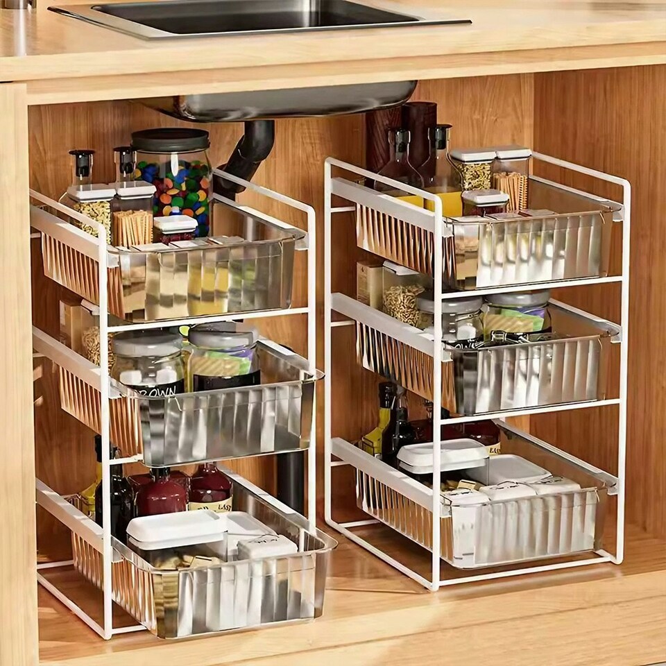 image 1 of Living and Home 3-Tier Sliding Under Sink Cabinet Organizer - White | Multi