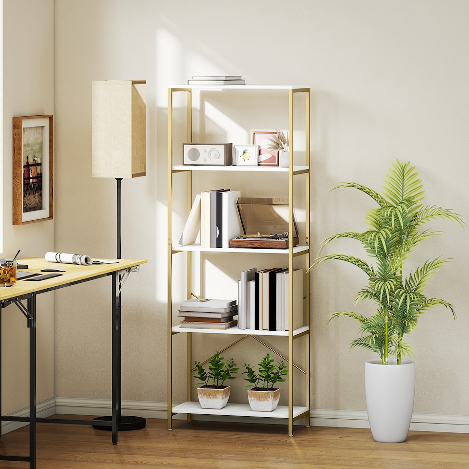 image 1 of HOMCOM 5-Tier Bookshelf, Modern Bookcase, Floor Standing Book Shelf with Metal Frame, Open Display Shelving Unit for Living Room, Home Office and Bedroom, White and Gold Tone | White | White and Gold Tone