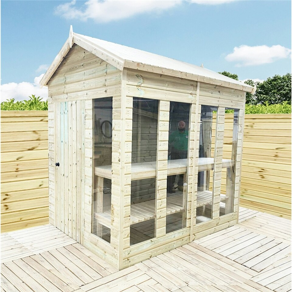 image 1 of 16 x 5 Pressure Treated Tongue And Groove Apex Summerhouse - Potting Shed - Bench + Safety Toughened Glass + RIM Lock with Key (16' x 5') / (16ft x 5ft)