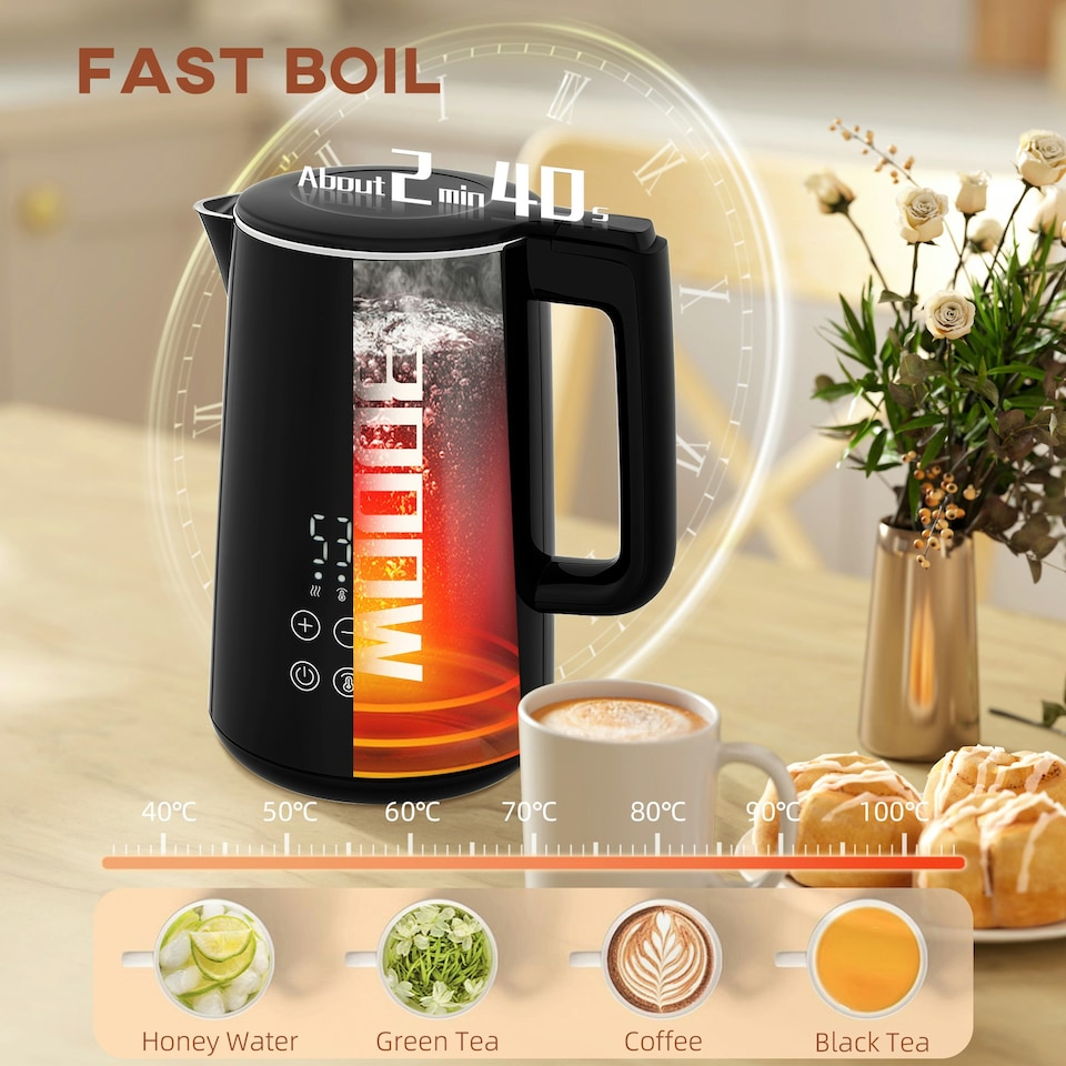 image 1 of HOMCOM 1.5L 3000W Fast Boil Electric Kettle and 2 Slice Toaster Set, Black