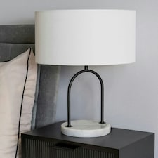 ValueLights Rachel Black Arch Marble Base Table Lamp with White Linen Lamp Shade and Bulb Black