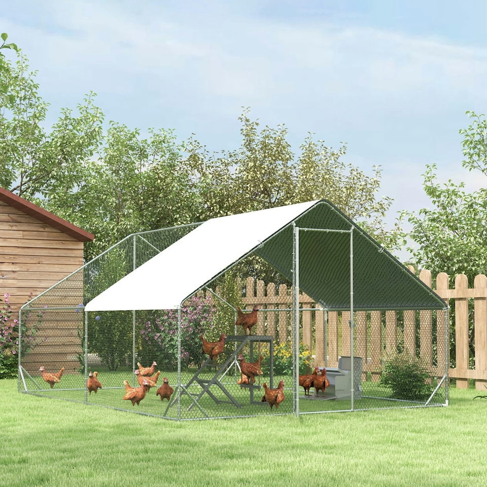 image 1 of PawHut Walk In Chicken Run Large Galvanized Chicken Coop w/ Cover 3 x 4 x 2m