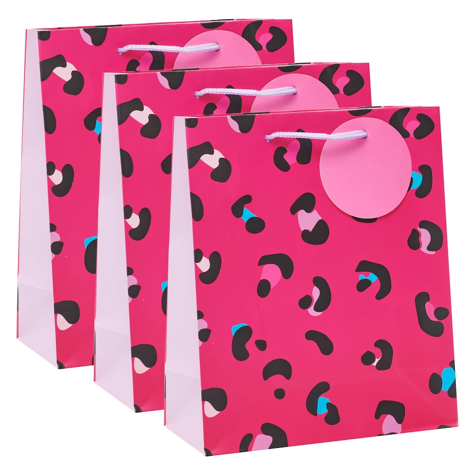 image 1 of Multipack of 3 Medium Gift Bags | Party Bags for Presents | Birthdays | For Her/Friend | Pink Animal Print Design