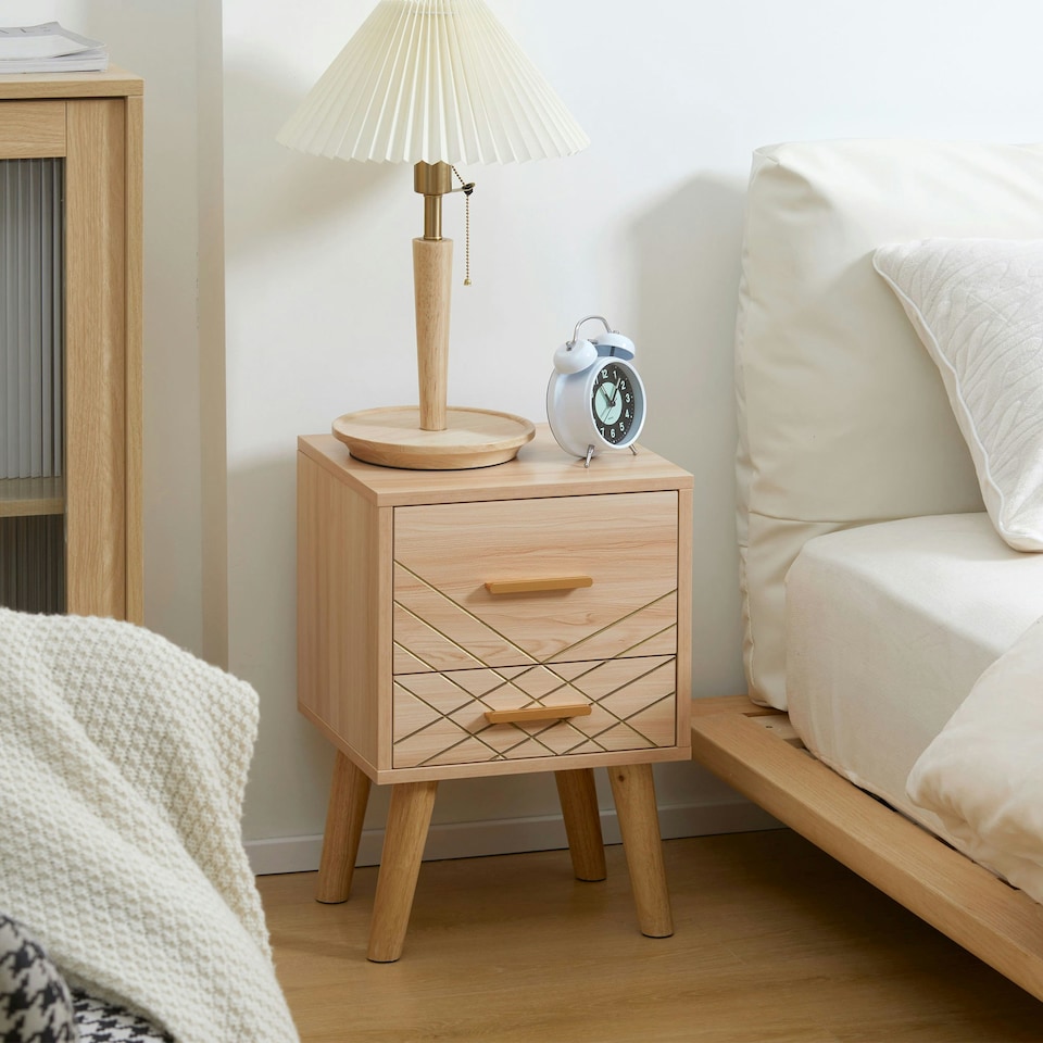 image 1 of HOMCOM Bedside Cabinet, Nordic Bedside Table with 2 Drawers Wood Legs, Natural