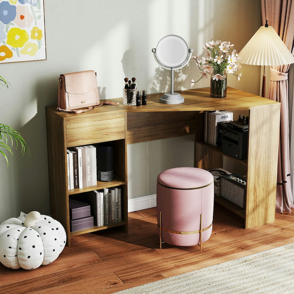 image 1 of COSTWAY L-Shaped Computer Desk Corner Table w/Storage Natural Brown