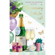 Words 'n' Wishes Anniversary Card - Champagne Toast, Butterflies and Gifts with Embossed Foil Details - Eco-Friendly