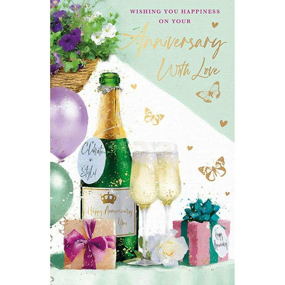 Words 'n' Wishes Anniversary Card - Champagne Toast, Butterflies and Gifts with Embossed Foil Details - Eco-Friendly
