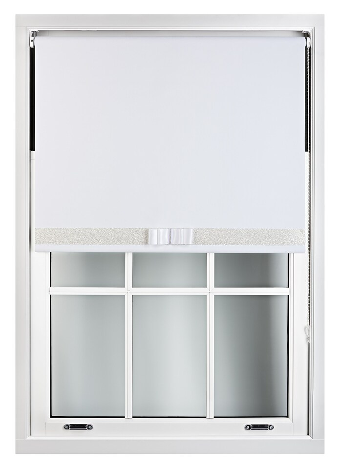 image 1 of FURNISHED Blackout Roller Blind with White Glitter Trim and White Bow Trimmable Window Shade | White | White | (W) 105cm x (L) 165cm