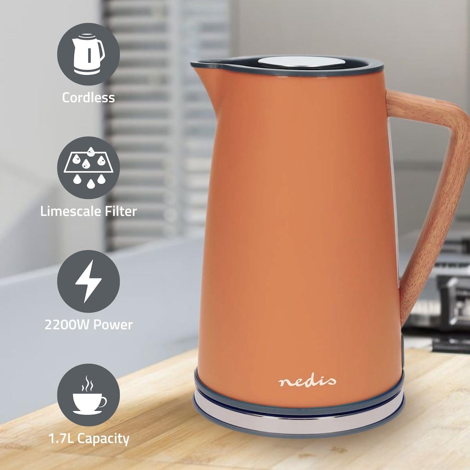 image 1 of Nedis 1.7L Soft Touch Jug Kettle with Wood Effect Handle, Overheat Protection, Removeable Filter, 2.2KW - Matte Orange