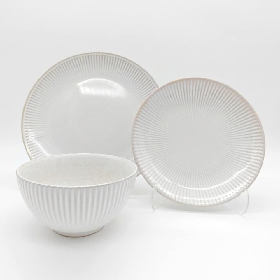 image 1 of Reactive Cream Glaze Dinner Set Plates Bowls 12pc Set