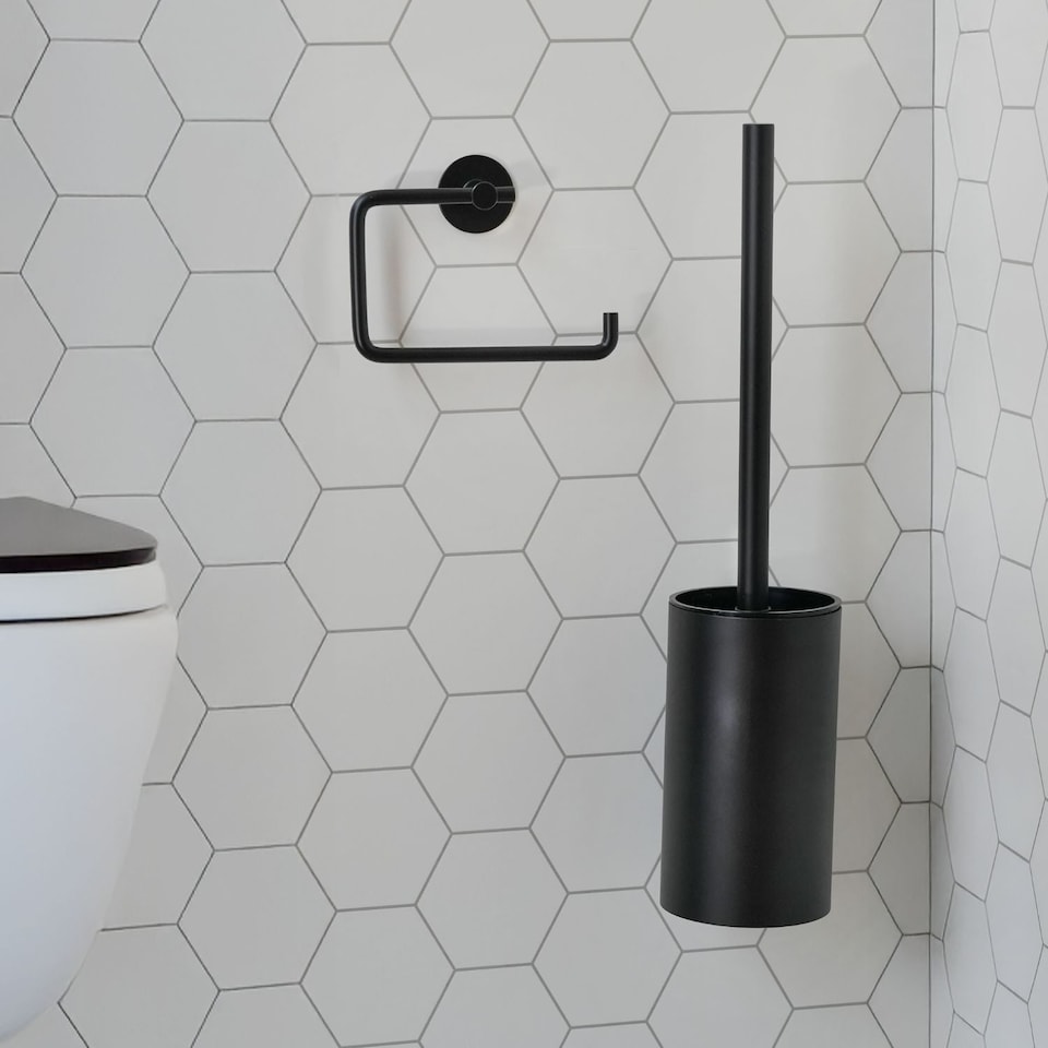 image 1 of BESLAGSBODEN Black Toilet Brush and Holder Self Adhesive Wall Mounted