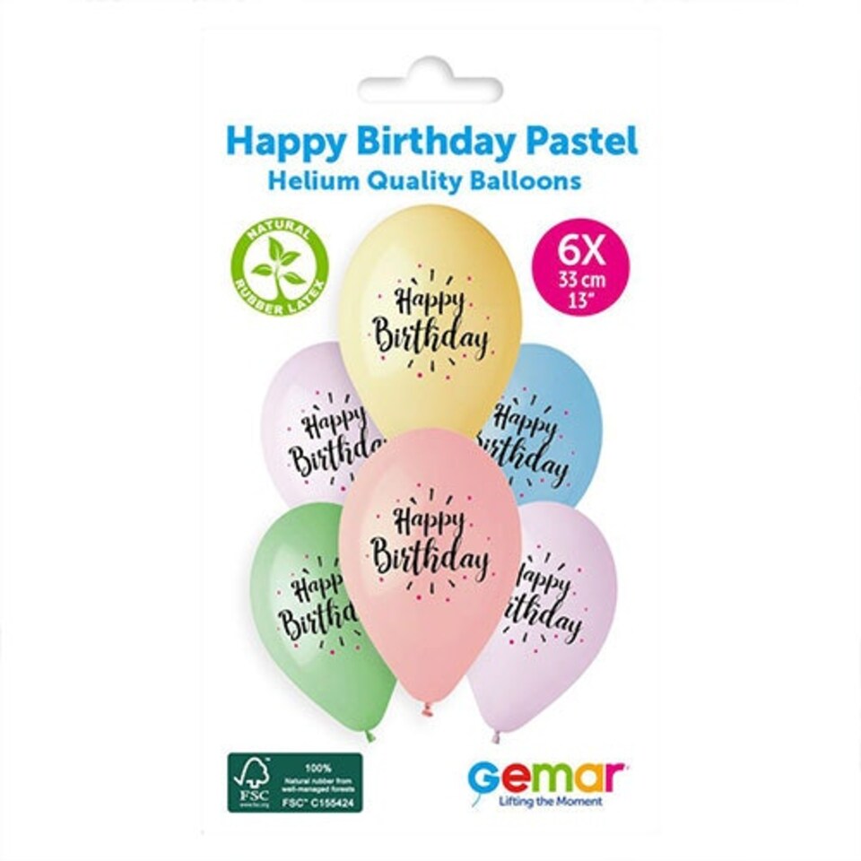 image 1 of Happy Birthday Pastel Latex Balloons 33cm / 13 in - Pack of 6