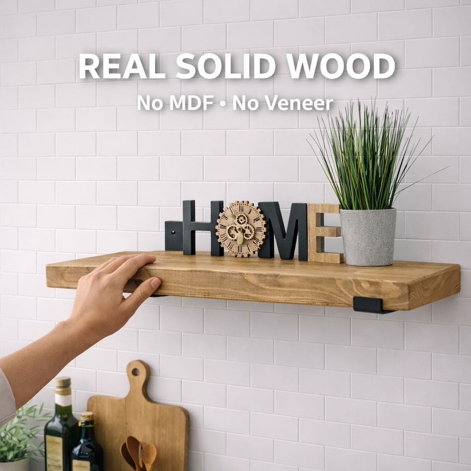 image 1 of MKGT Handmade Rustic Pine Floating Wall Shelf with Steel Brackets, Solid Wood, 60 x 22 x 4.5 cm