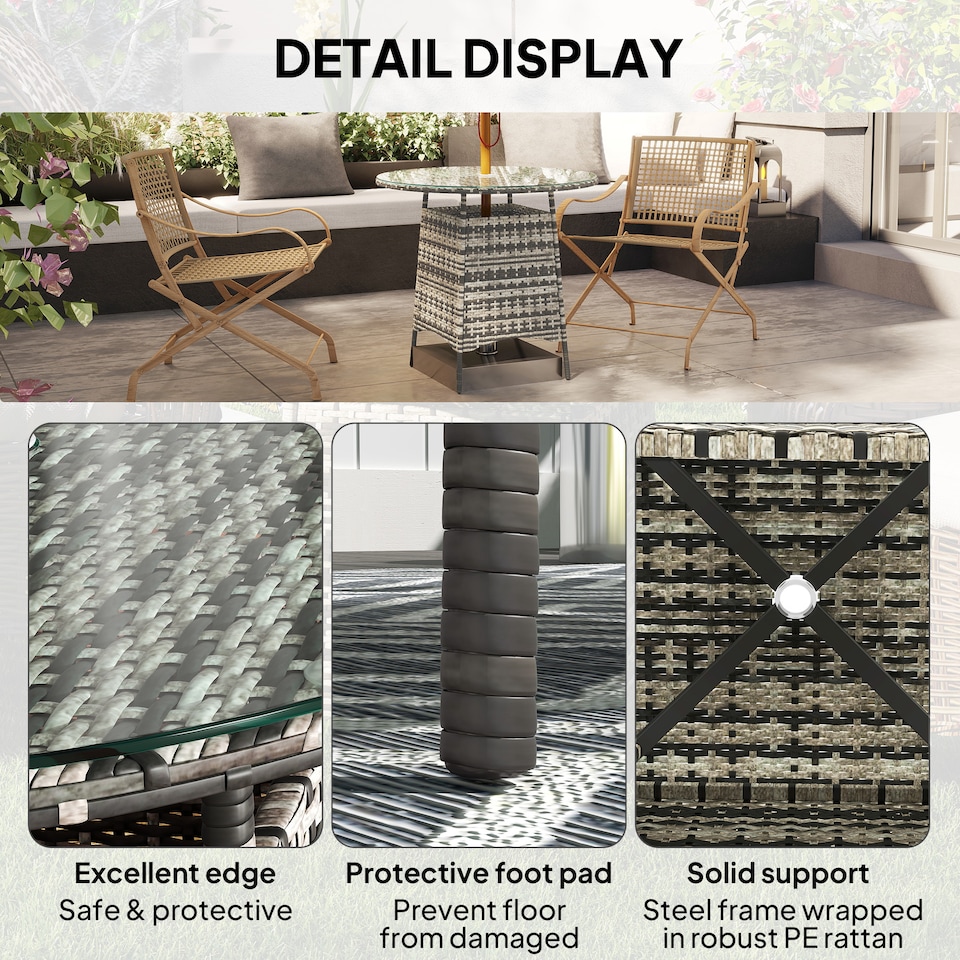 image 1 of Outsunny Wicker Garden Rattan Table, Patio Furniture Outdoor Coffee Table with Umbrella Hole and Tempered Glass Top, Grey | Grey | Grey