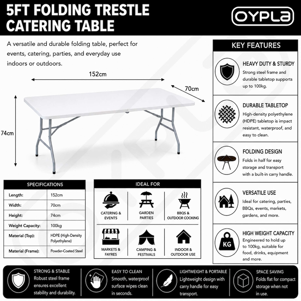 image 1 of 5ft Folding Trestle Table Heavy Duty Catering Garden Party 1.5m | White
