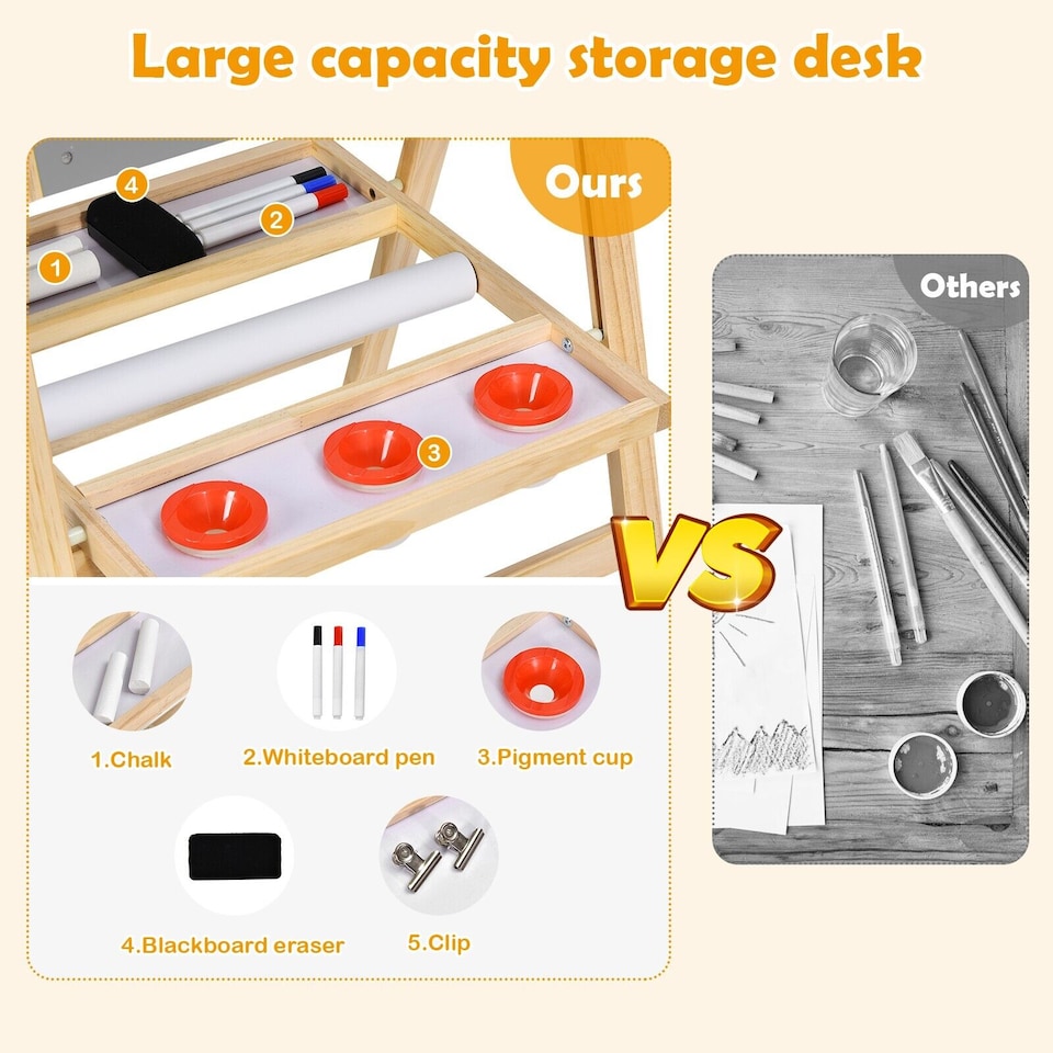 image 1 of COSTWAY 3-in-1 Foldable Kids Easel Kids Wooden Art Easel Double Sided Blackboard Chalks
