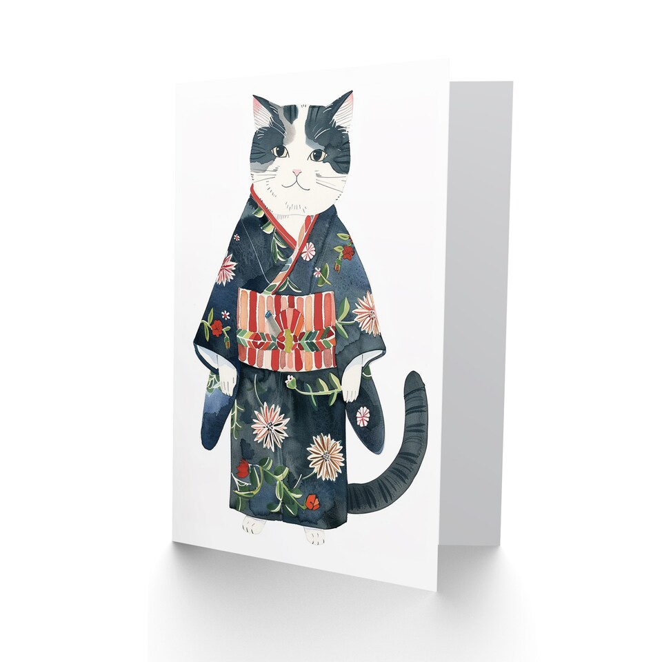 image 1 of Cat Lover Cute Pet in Blue Floral Japanese Kimono Birthday Card