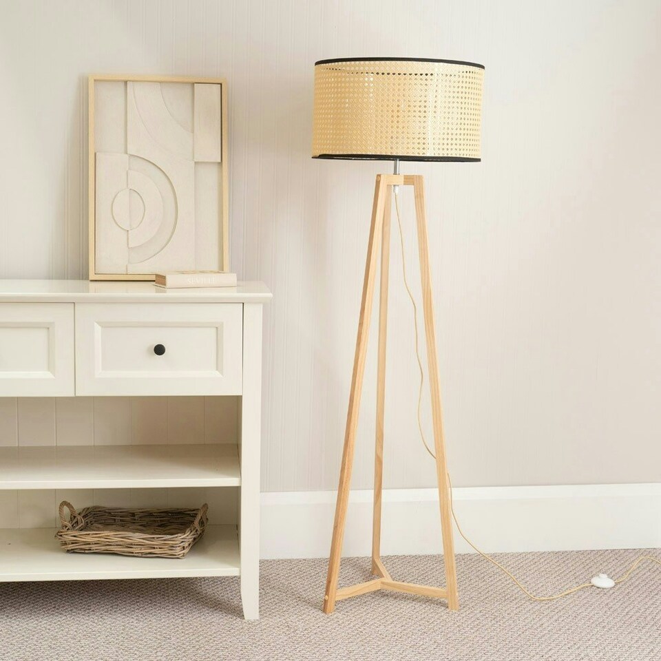 image 1 of ValueLights Lottie Natural Wood Tripod Floor Lamp with Wicker Drum Shade