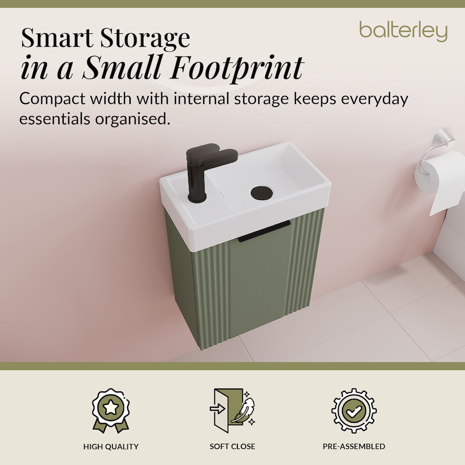 image 1 of Balterley Wall Hung Cloakroom Vanity Basin Unit with Handle Compact Bathroom Storage | Green | Satin Green | 438 x 400 x 222mm | 1