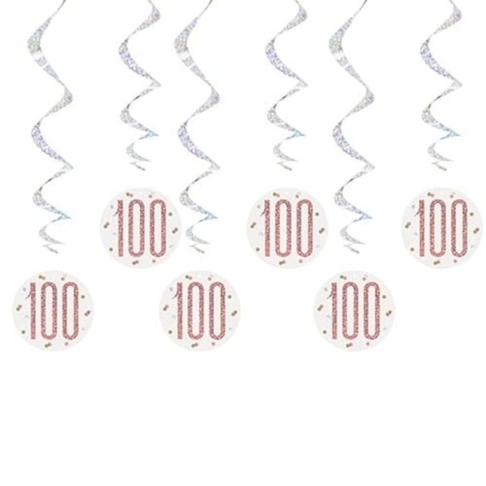Rose Gold Glitz Age 100 Holographic Hanging Swirl Decorations - Pack of 6
