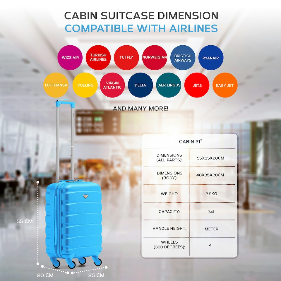 image 1 of 55x35x20cm Carry On Cabin Hard Shell Suitcase - 100+ Airlines Approved Including EasyJet (Paid), British Airways, Ryanair (Priority), TUI Blue | Turquoise | Cabin Bag