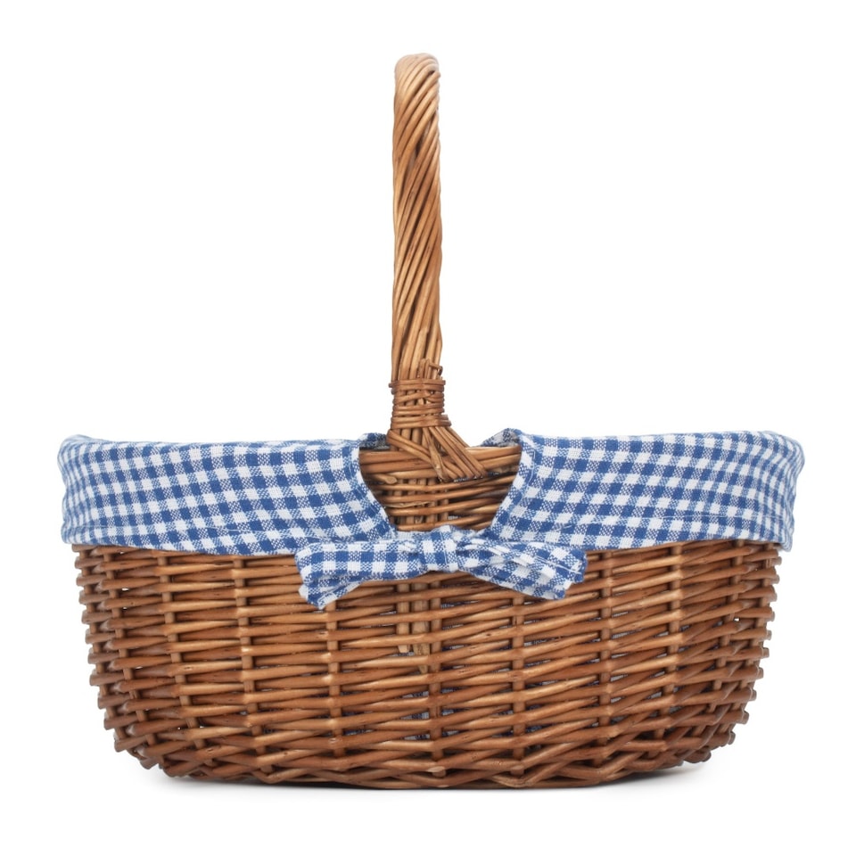 image 1 of Double Steamed Oval Wicker Shopping Basket Blue Checked Lining | Black | Black