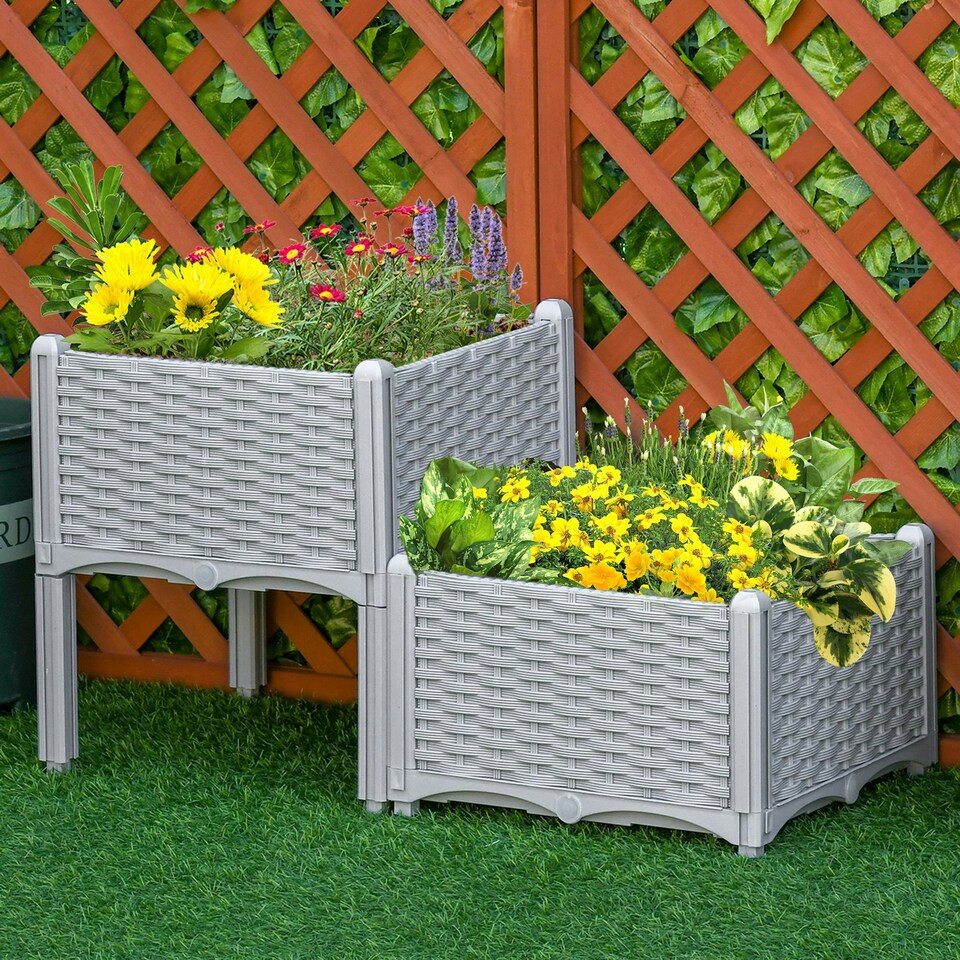 image 1 of Outsunny 2-pieces Elevated Flower Bed Vegetable Herb Planter Plastic, Grey