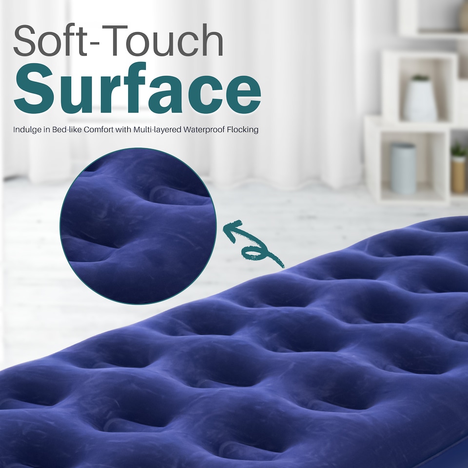 image 1 of Single Flocked Camping Airbed Inflatable Mattress Blow Up Air Bed | Blue | Blue | Single