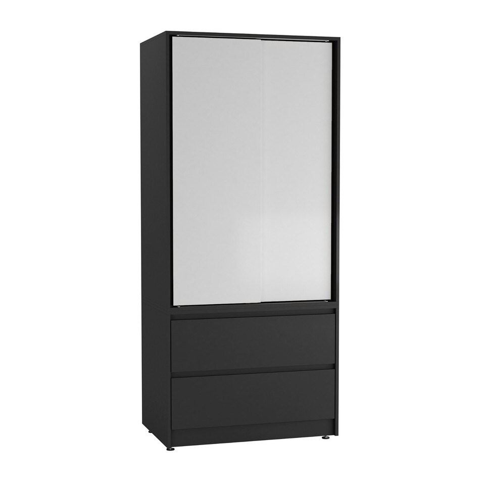 image 1 of URBNLIVING 2 Sliding Door Wardrobe With 2 Drawers And Hanging Rail | Black | White Doors | 1