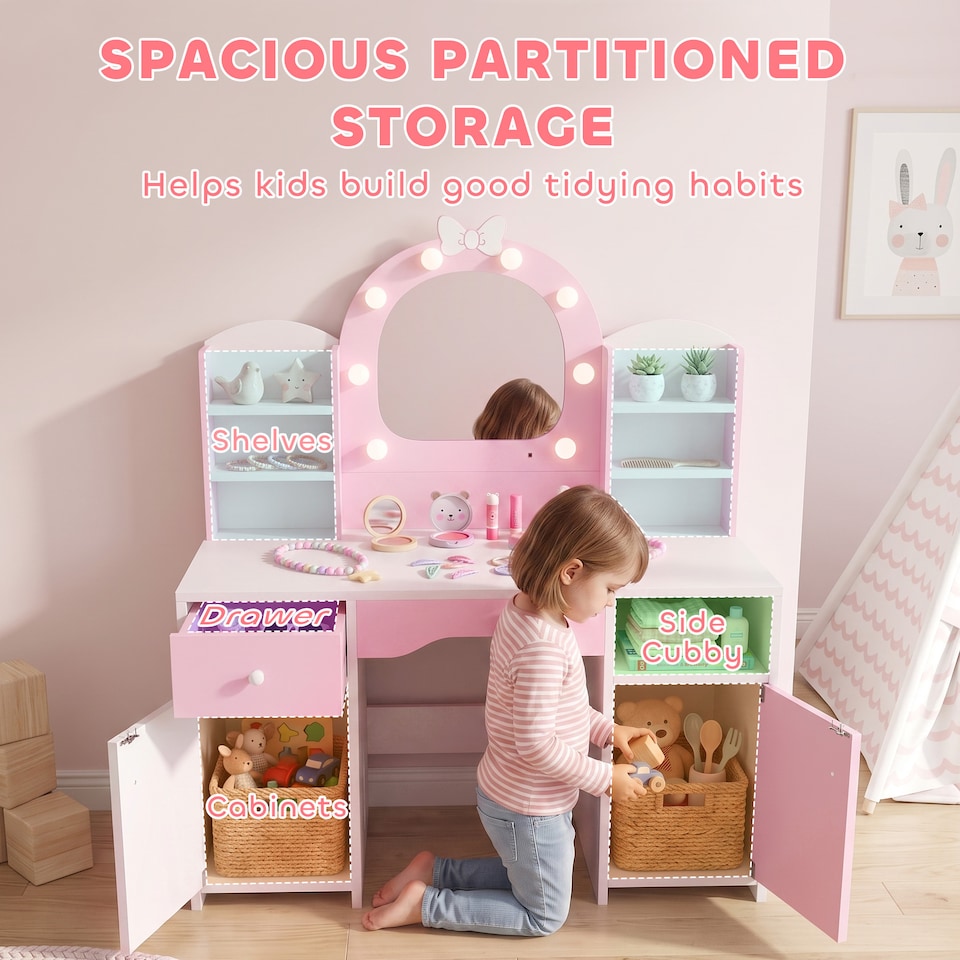 image 1 of AIYAPLAY Kids Dressing Table with Stool, Lighted Mirror, Pink