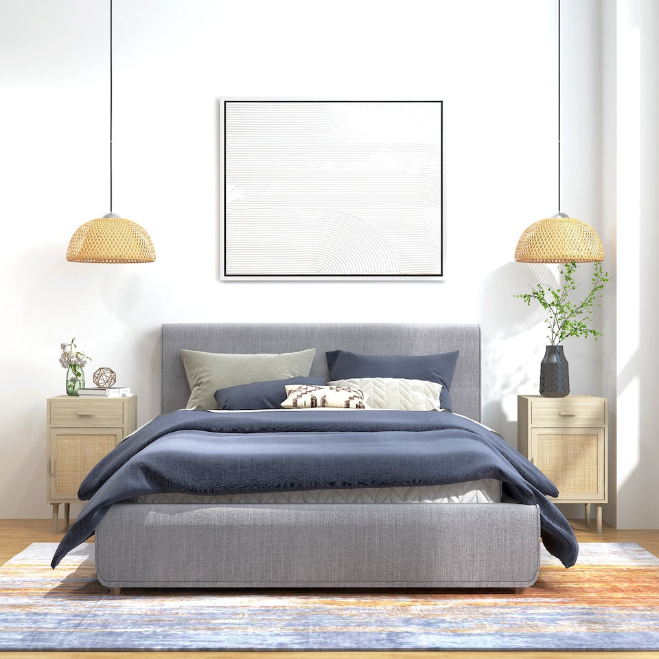 image 1 of HOMCOM Bedside Table Set of 2, Rattan Side Tables with Drawer, Cabinet and Adjustable Shelf, Boho Bedside Cabinet with Storage for Bedroom, Living Room, Natural Wood Effect