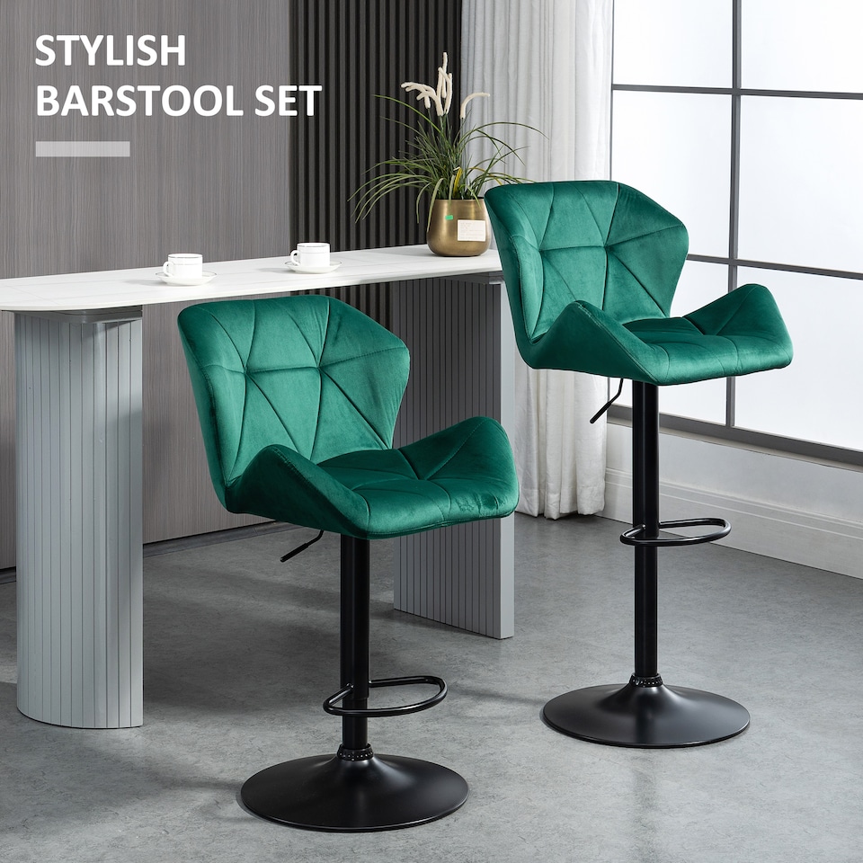 image 1 of HOMCOM Bar Stools Set Of 2, Luxurious Velvet-Touch Barstools with Metal Frame Footrest Round Base Triangle Indenting Moulded Seat Adjustable Height Swivel Green