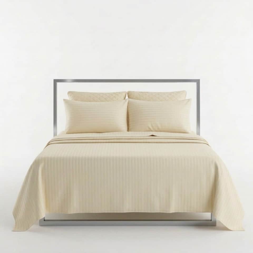 image 1 of Luxury Satin Stripe T250 Cotton Rich Soft Flat Sheet Bed Linen | Cream | Single