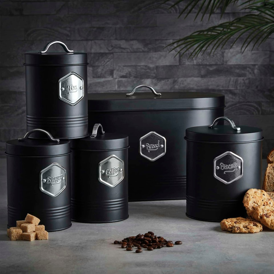 image 1 of Cooks Professional Kitchen Storage Set | 5-Piece | Bread Biscuit Tea Coffee Sugar | Black & Silver
