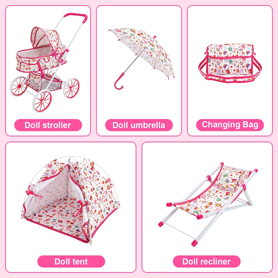 image 1 of Kids Baby Doll Stroller & Accessories Set – Tent, Beach Chair, Umbrella & Bag, Role‑Play Toy for Girls & Boys Ages 3+