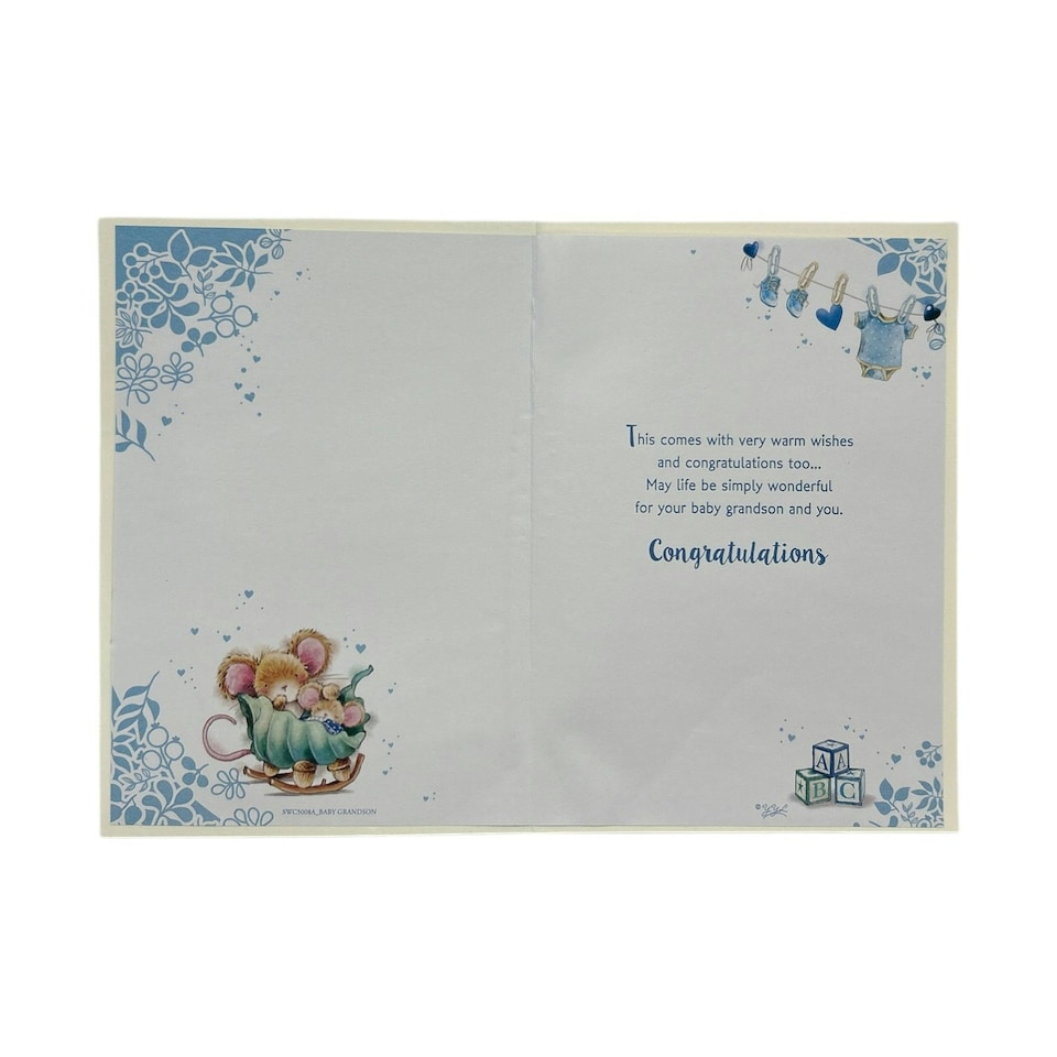 image 1 of On Birth Grandson Cute Mouse With Alphabet Blocks Design Congratulations Card