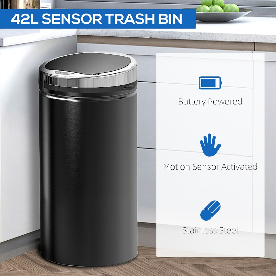 image 1 of HOMCOM Automatic Hand Sensor Dustbin Kitchen Waste Bin Rubbish Can Black | 42L
