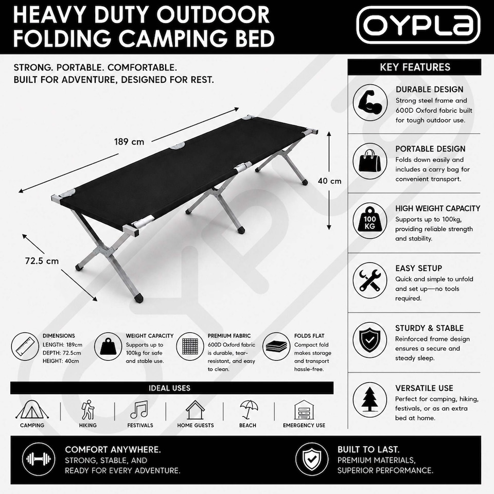image 1 of Heavy Duty Outdoor Folding Camping Bed Portable with Carry Bag | Black