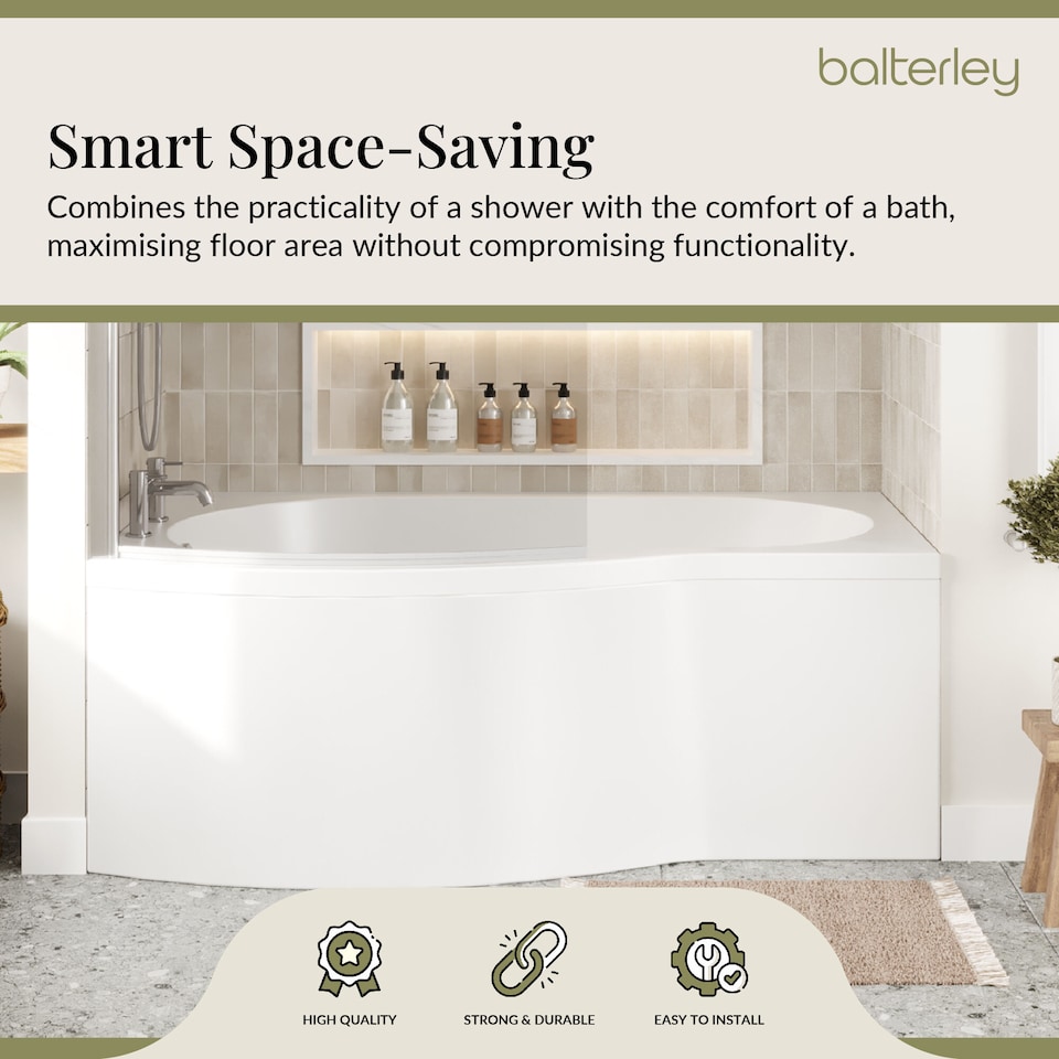 image 1 of 1500 mm Left Hand B Shape Shower Bath with Screen & Front Panel White | White | White | 1495 x 900 x 415mm