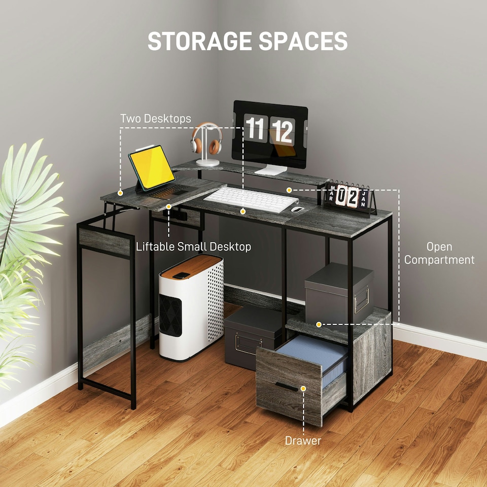 image 1 of HOMCOM L Shaped Desk, Computer Table with Liftable Desktop, Charcoal Grey Grey | Charcoal Grey