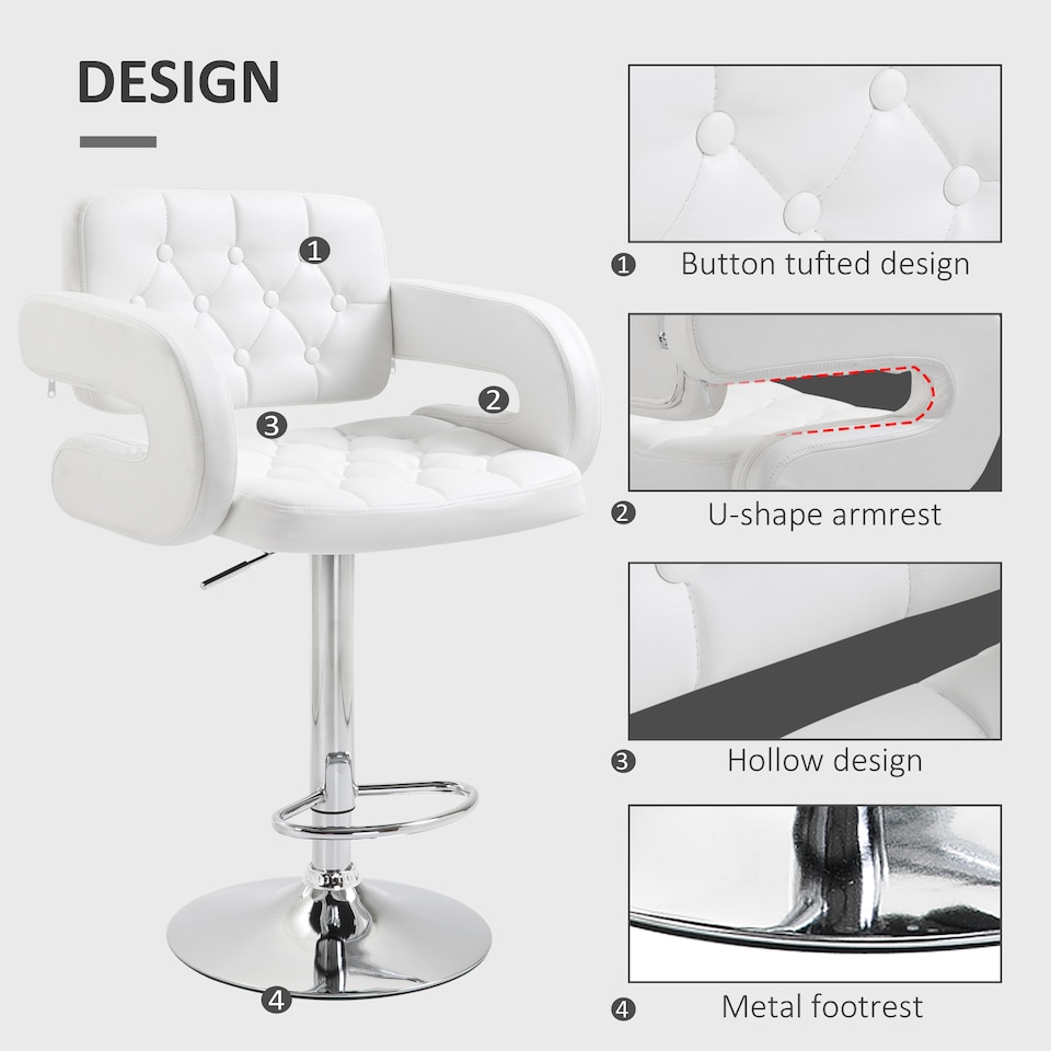 image 1 of HOMCOM Swivel Bar Stool with Extra Large Seat, PU Leather Upholstered Adjustable Barstool with Back, Arm and Footrest, Breakfast Bar Chair for Bistro, Kitchen, White